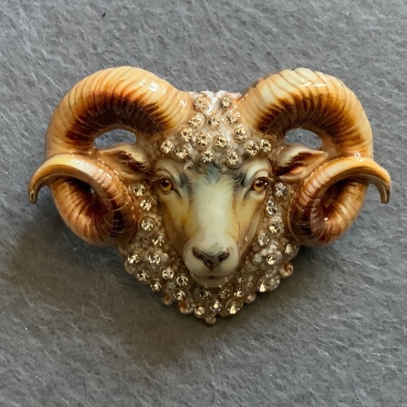 Jewelry - Vintage Ram Head Brooch Enamel Rhinestone Aries Sheep Statement Pin Gold Tone